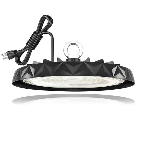 CHMLT LED High Bay Light front view with geometric black housing for bright warehouse lighting