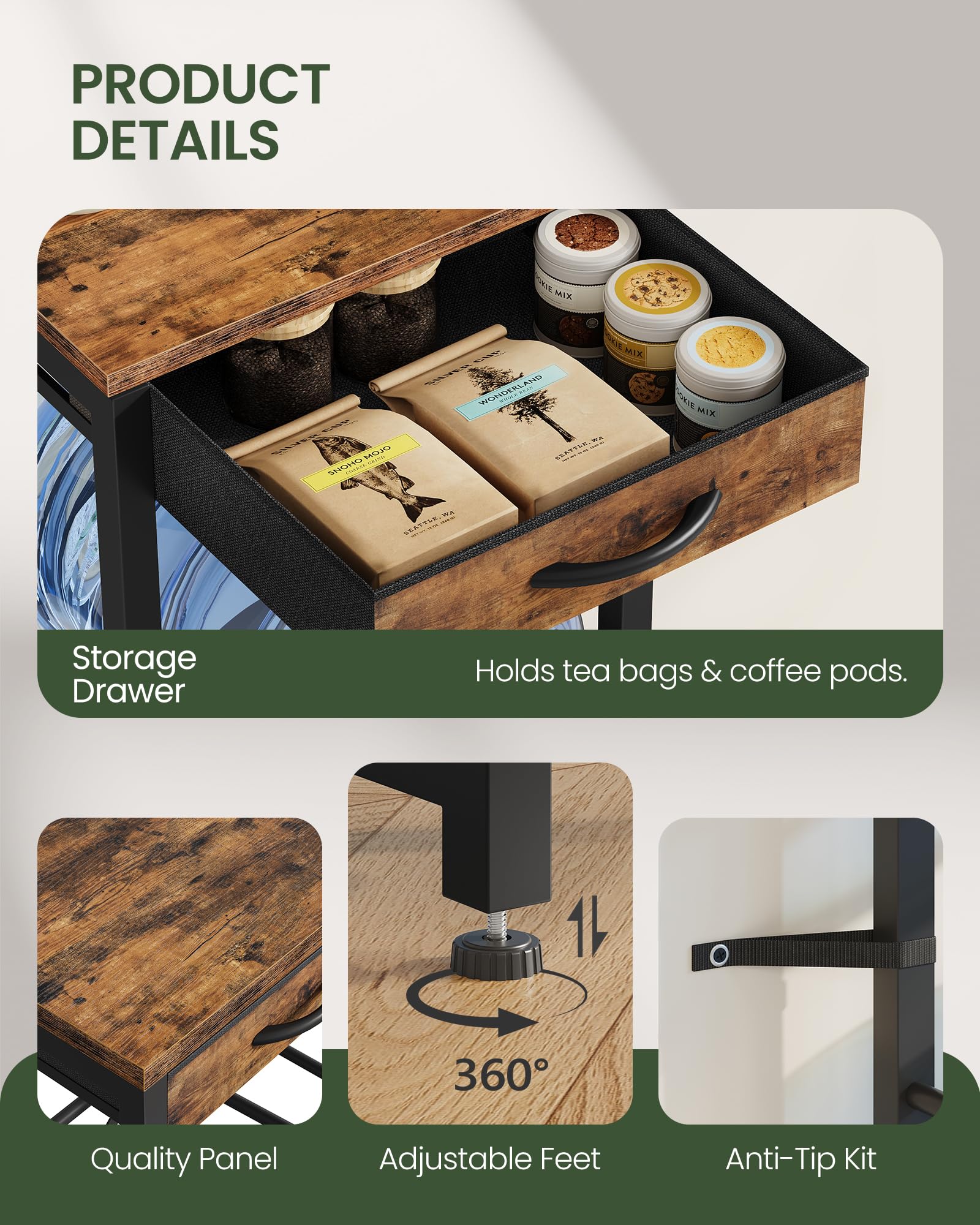 CHOEZON top-shelf holds coffee maker and dispenser neatly