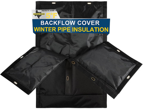 Cholila Cover backflow insulation cover protects outdoor pipes from freezing temperatures.