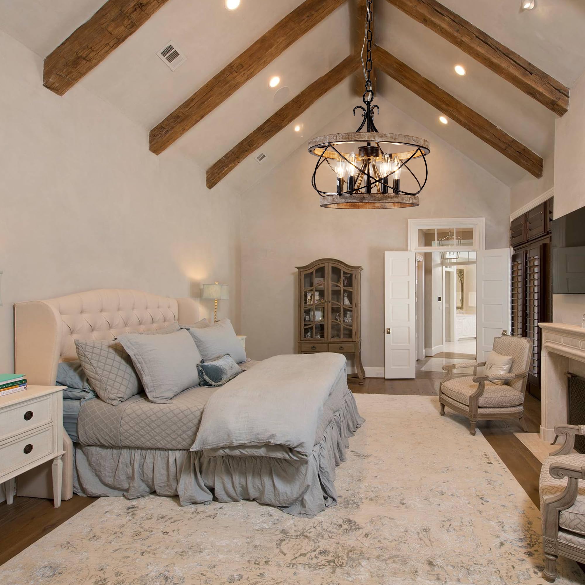 Chords Attic wood chandelier elevates dining room decor with round finial detail.