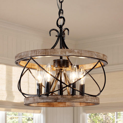 Chords Attic 20-inch wood drum chandelier over dining table adds warm farmhouse ambience.