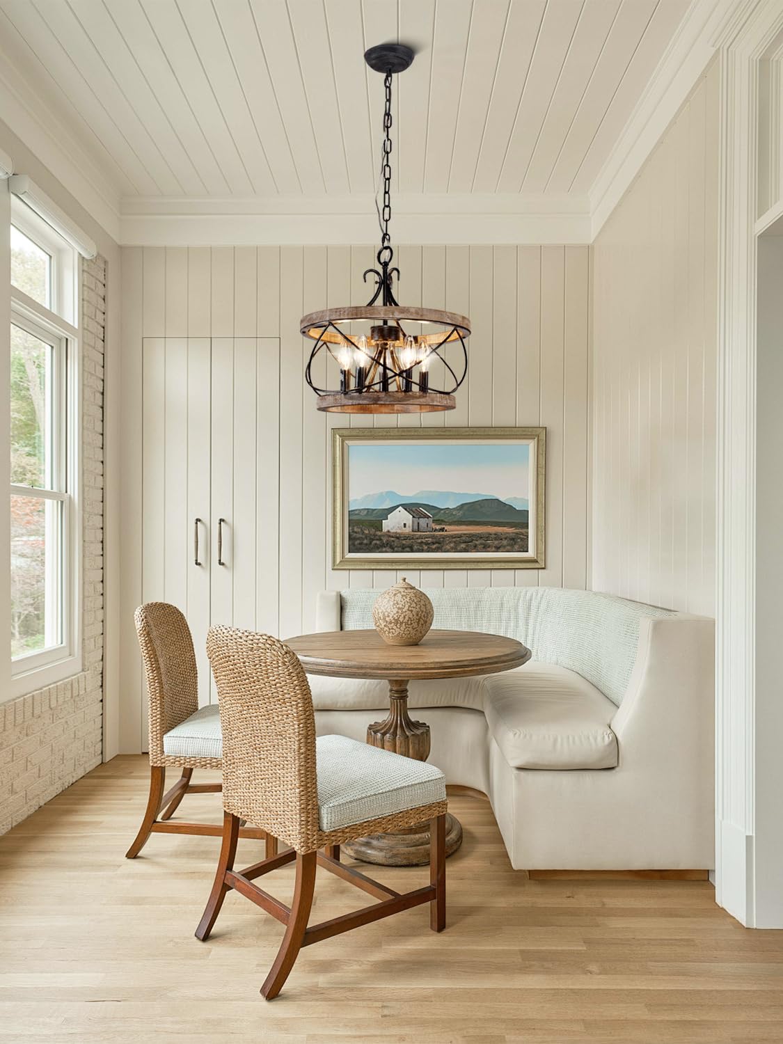 Chords Attic wood drum chandelier enhances living spaces with warm farmhouse charm