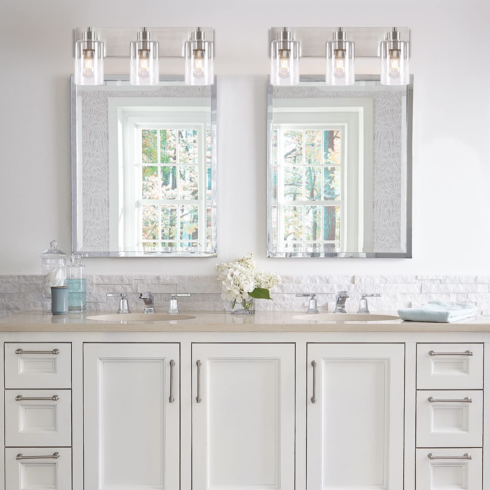 Chosenior clear glass shade bathroom light highlights mirror reflections.