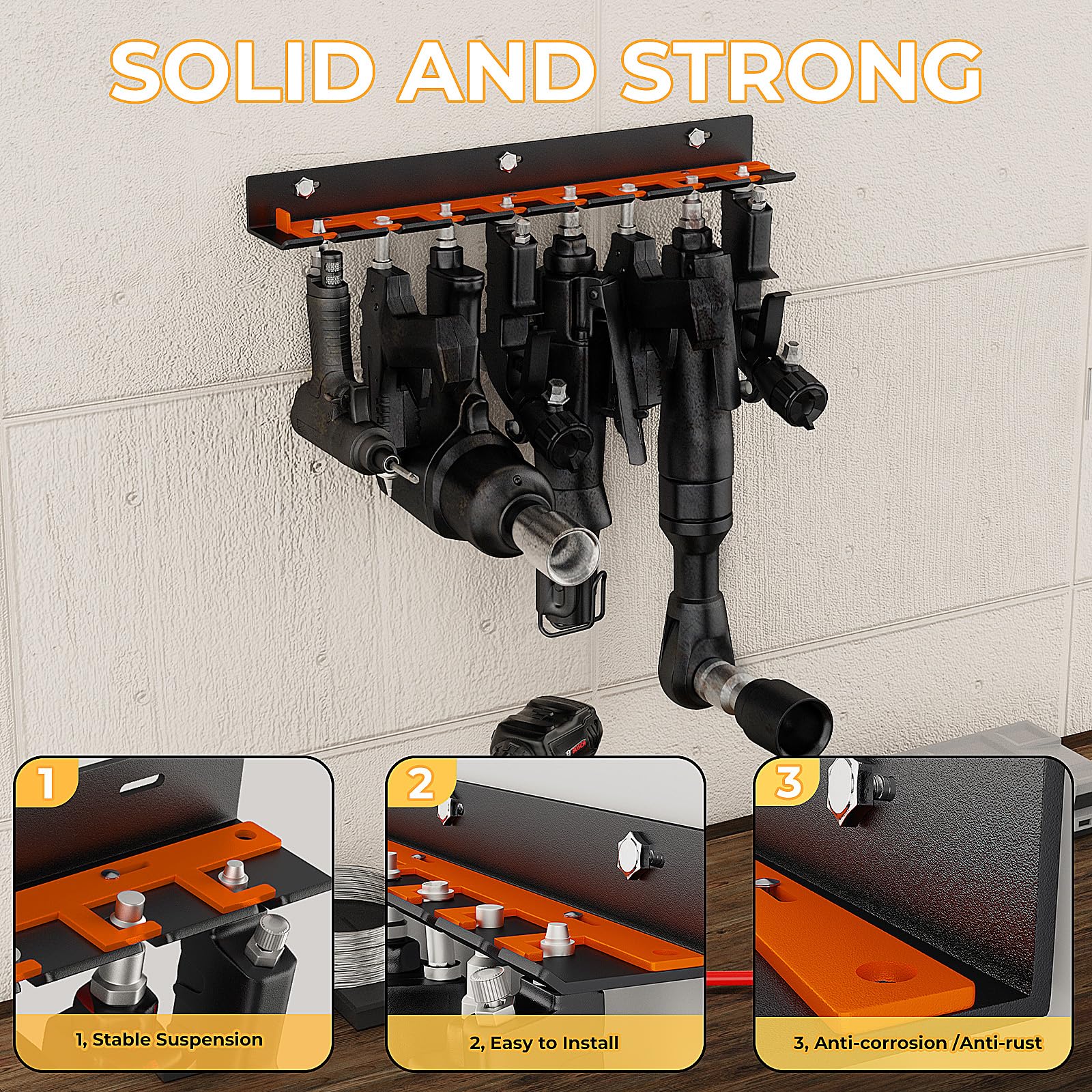 CHOWZZ garage wall mount air tool rack stores pneumatic tools on the wall