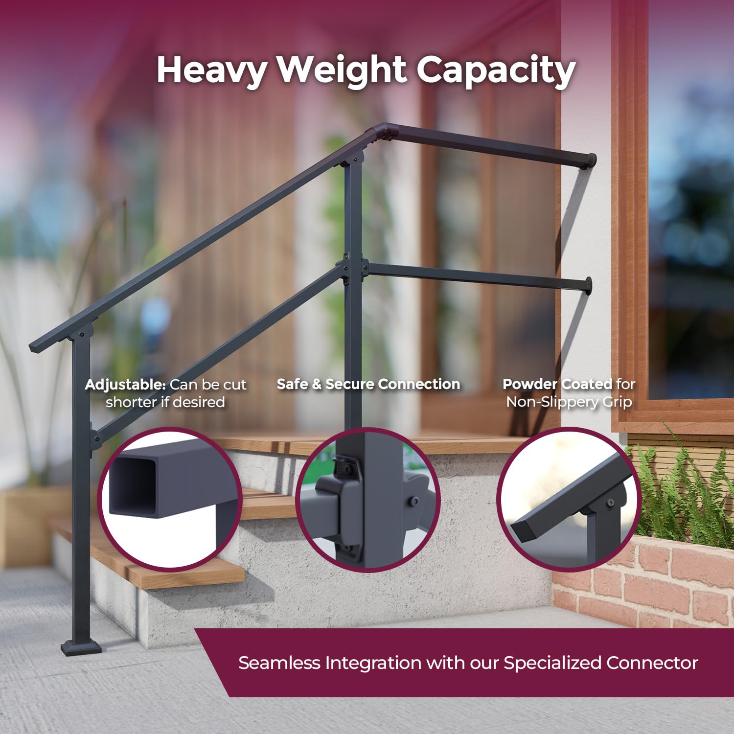 CHR black finish railing provides durability and contemporary style for indoor and outdoor use.