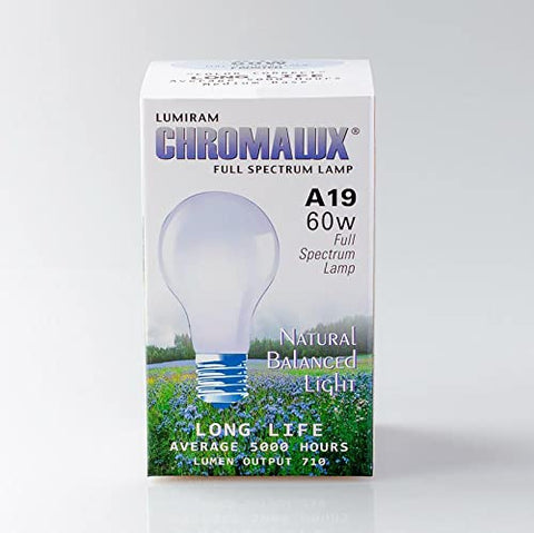 Chromalux frosted-60W bulbs 2-pack packaging shown for quick home replacement.