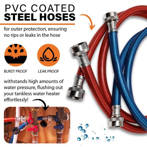 Chromex 6-foot hoses connect to tankless valves for easy setup.
