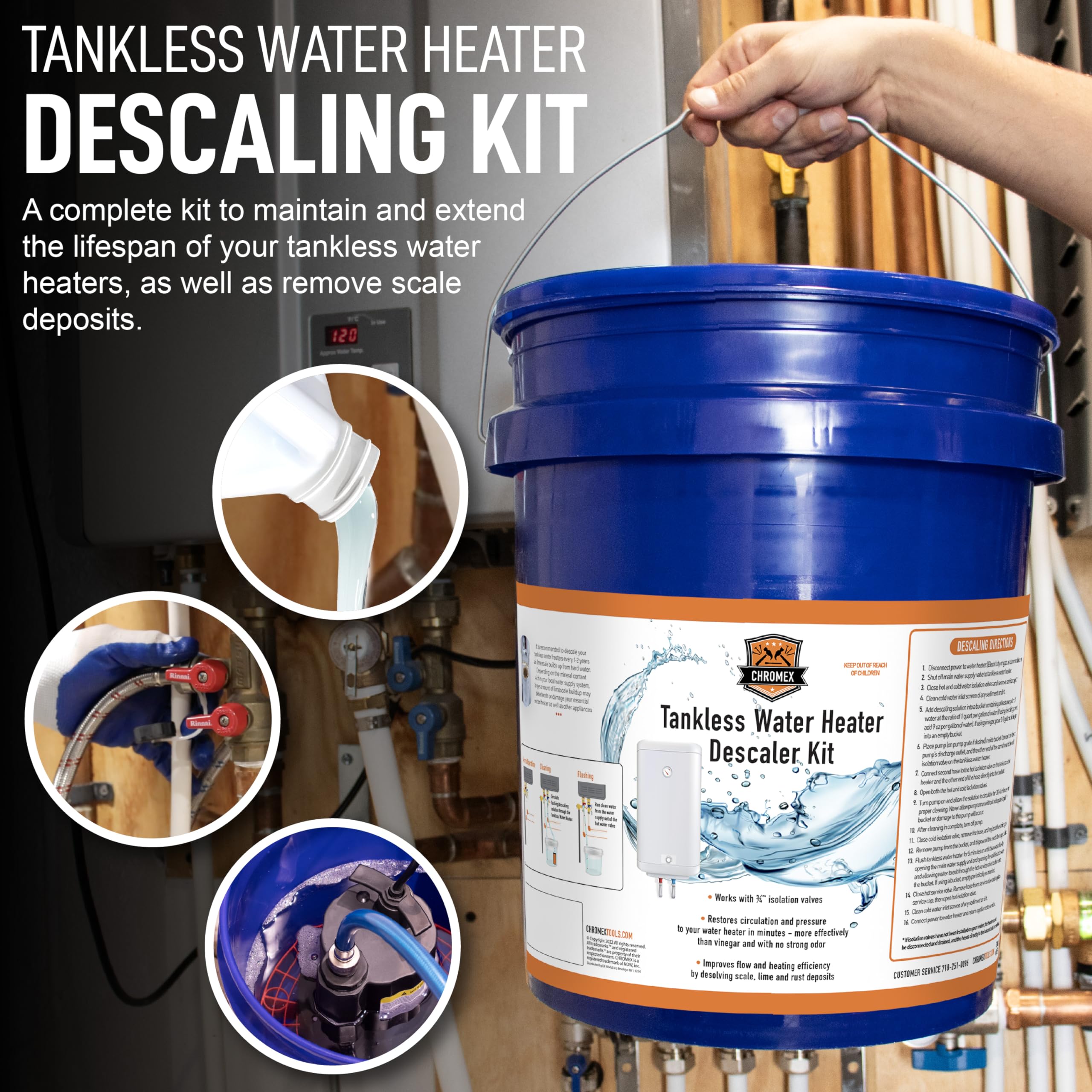 Chromex PVC-coated hoses ready for secure, leak-free connections during flushing.