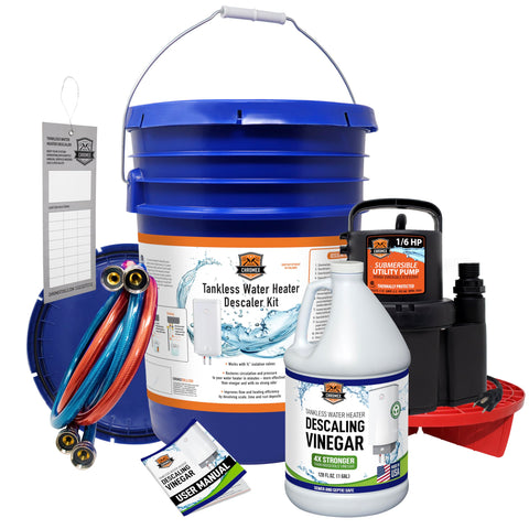 Chromex tankless flush kit pump with 1/6 HP power for quick descaling.