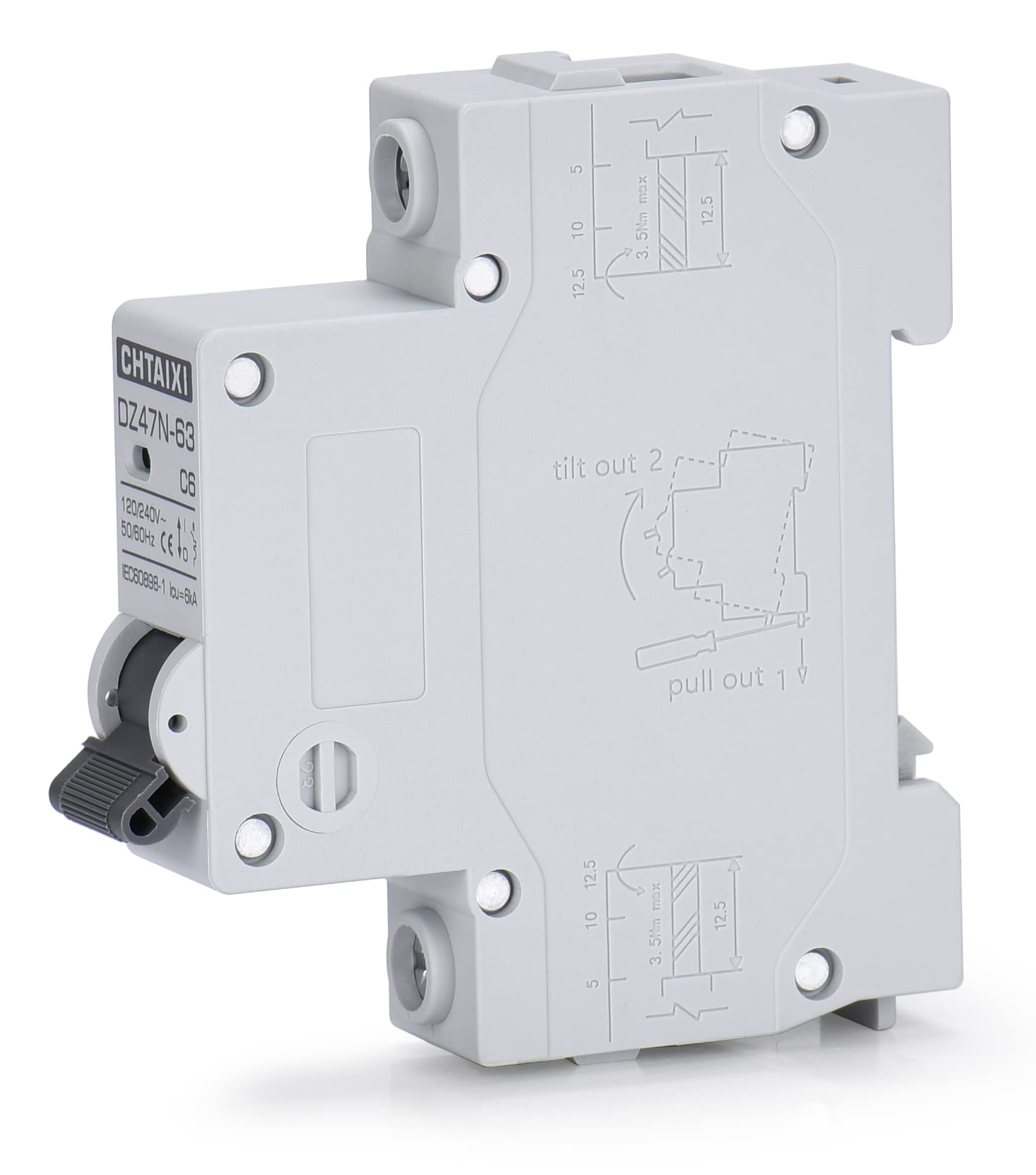 CHTAIXI 20A MCB front view with compact wiring design.