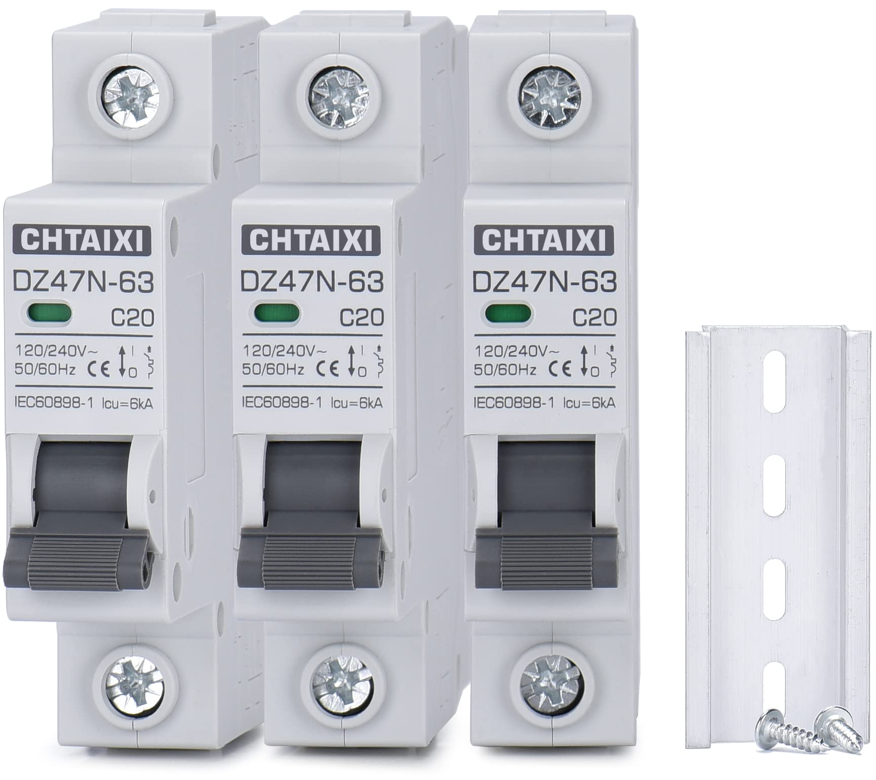 CHTAIXI 3-pack 1-pole MCB in DIN rail installation for reliable protection.