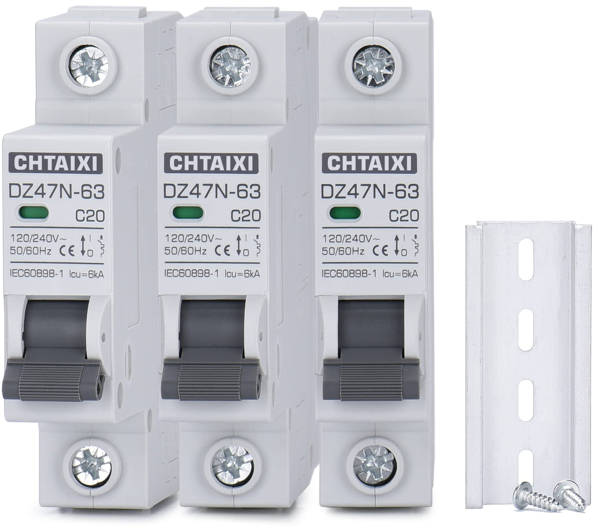 CHTAIXI 3-pack 1-pole MCB in DIN rail installation for reliable protection.