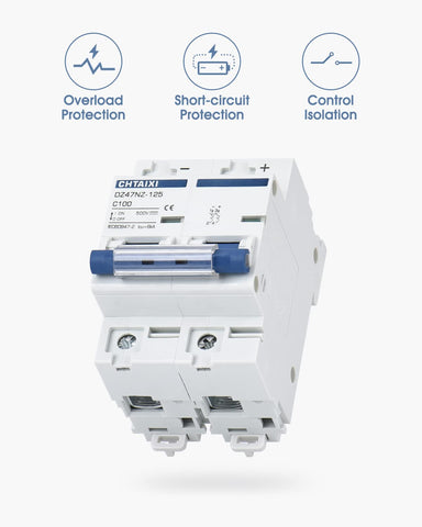 CHTAIXI DC MCB 2P on a 35mm DIN rail.