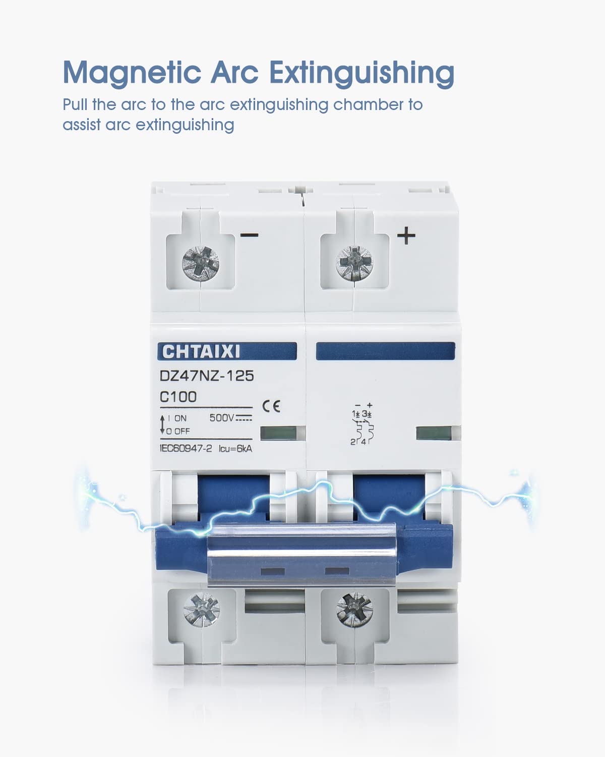 CHTAIXI DC MCB 2P terminal clamps enable secure wiring.