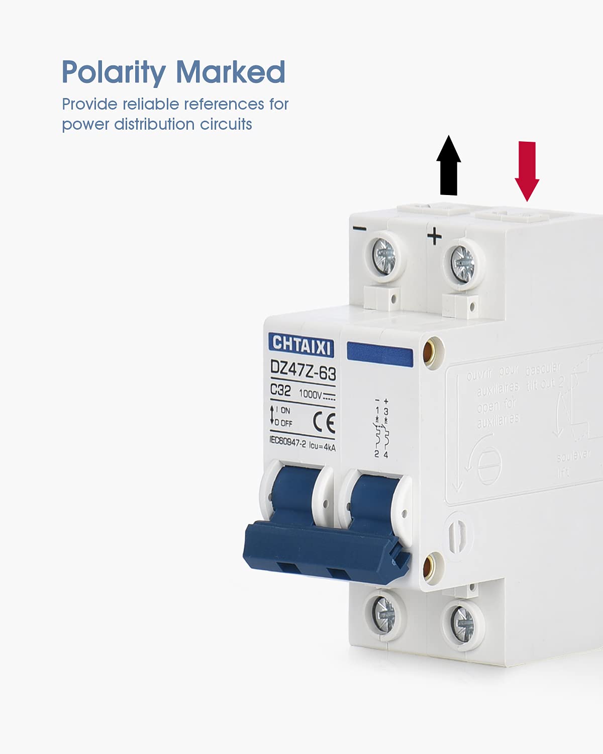 CHTAIXI DC mini breaker rating label confirms 1000V and 32A suitability.