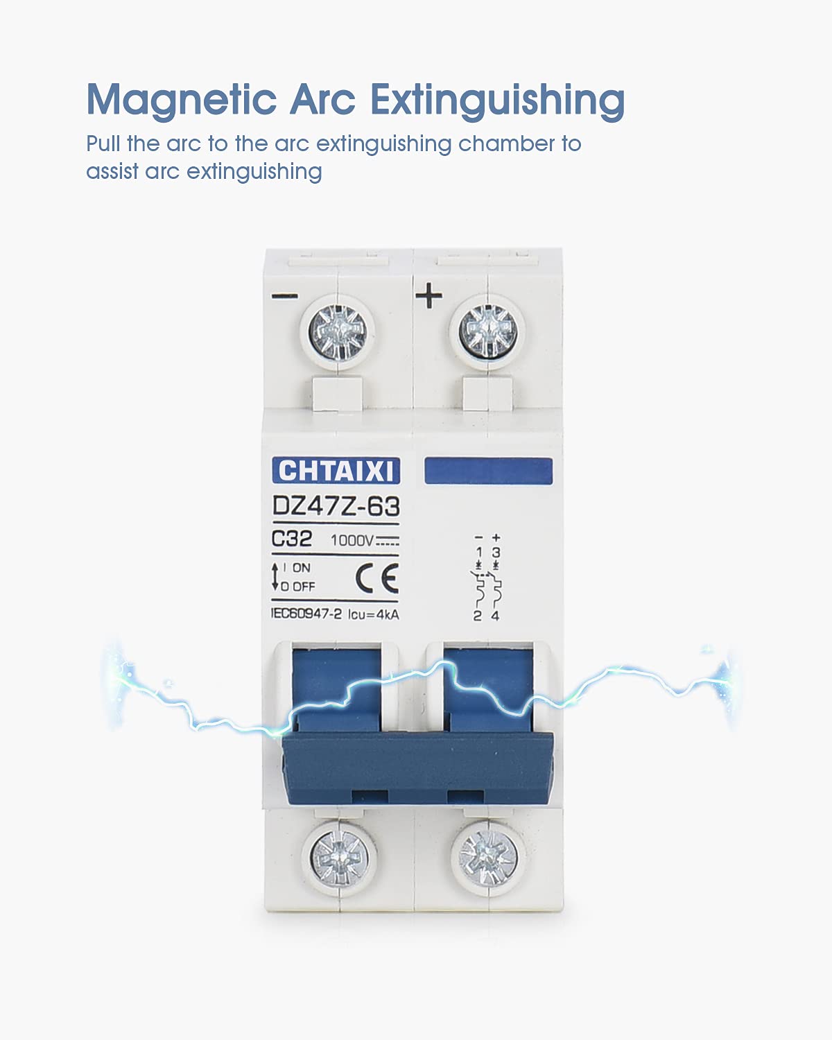 CHTAIXI DC mini breaker wiring terminals emphasize secure screw clamps.