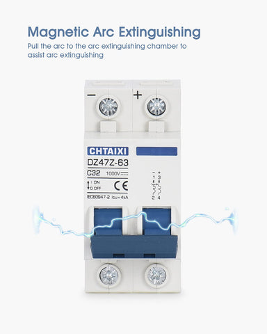 CHTAIXI DC mini breaker wiring terminals emphasize secure screw clamps.