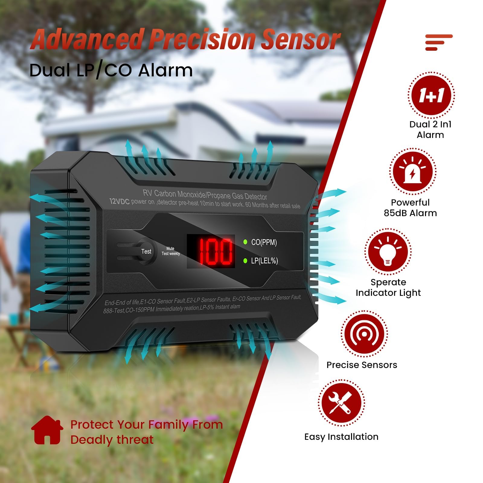 Chtoocy RV alarm 85dB siren signals CO and LP leaks clearly