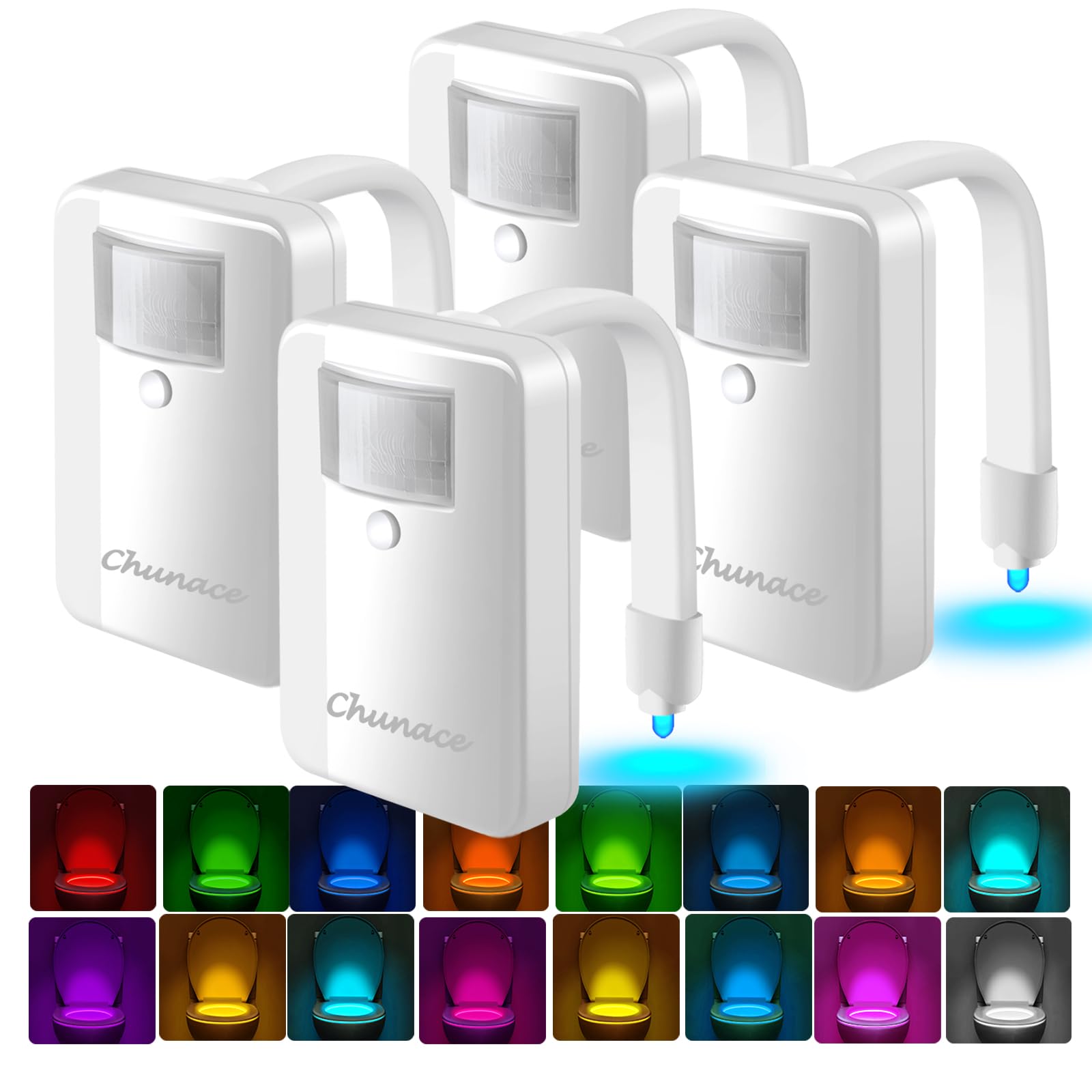 Chunace toilet night light with motion detection illuminates as you approach.