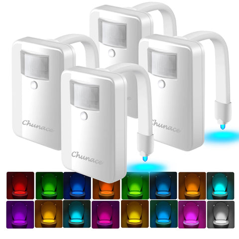 Chunace toilet night light with motion detection illuminates as you approach.