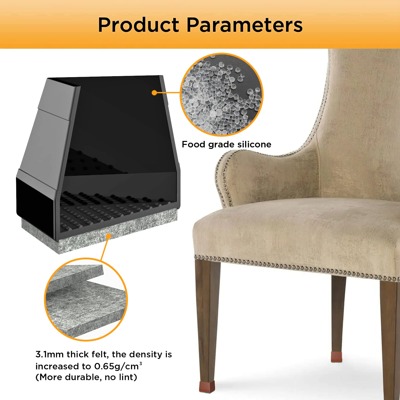 CHWM dining chair leg covers fit 2.28–2.76 inch square legs.