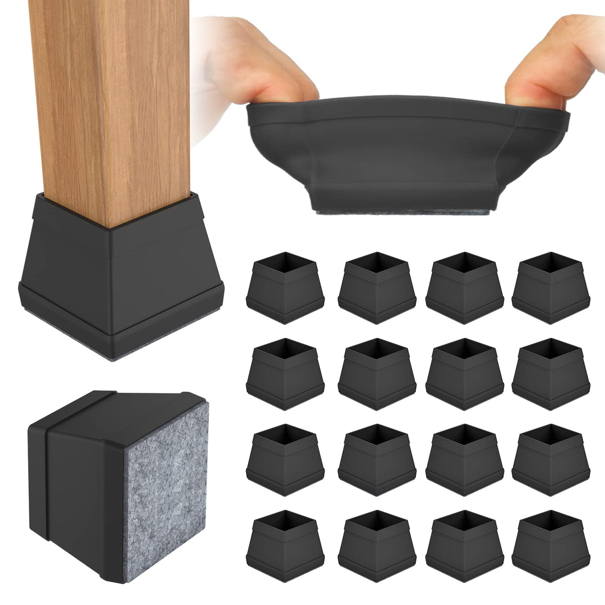 CHWM square chair leg protectors in black with seamless felt-and-silicone design shielding hardwood floors.