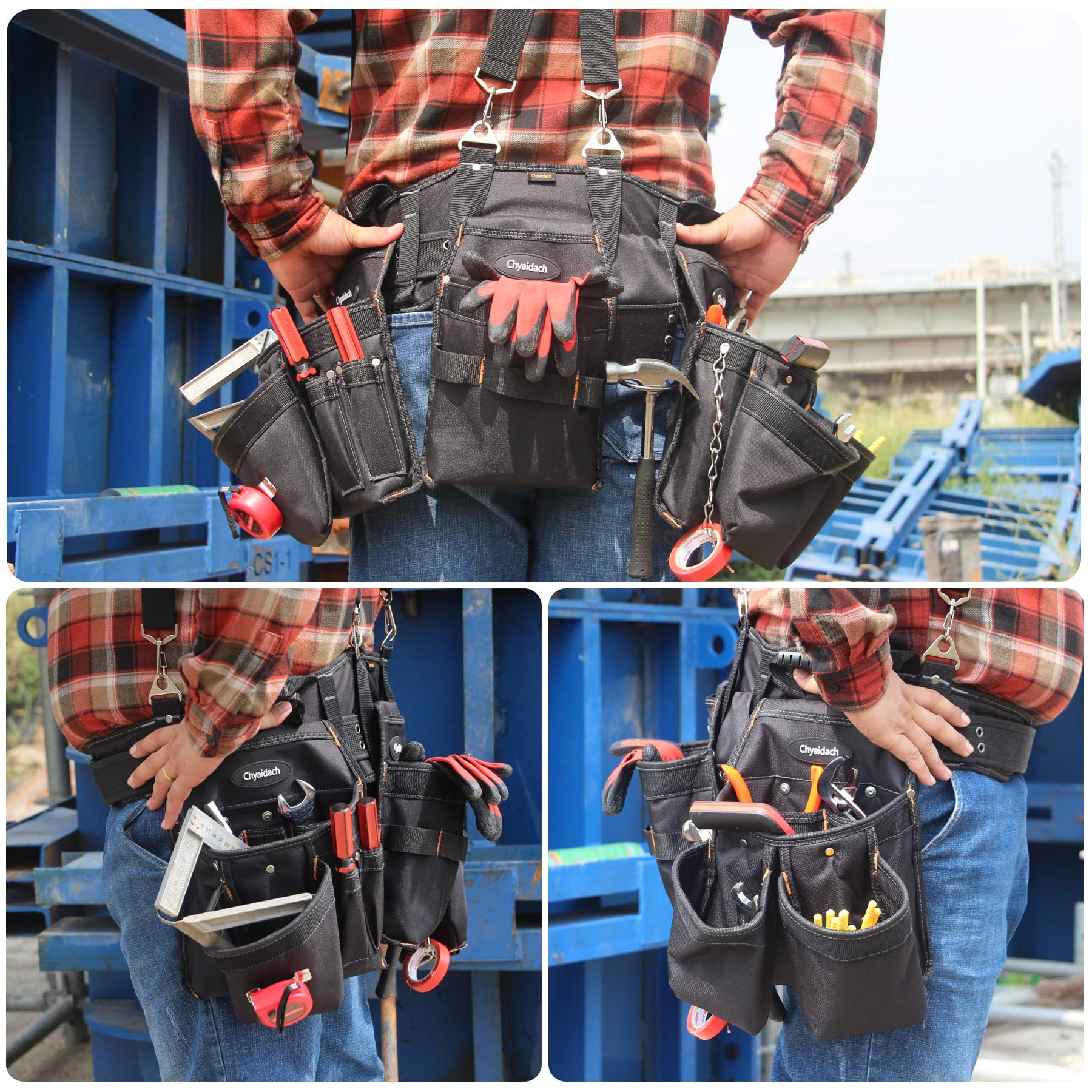 Chyaidach tool belt side view with adjustable suspenders for a secure fit