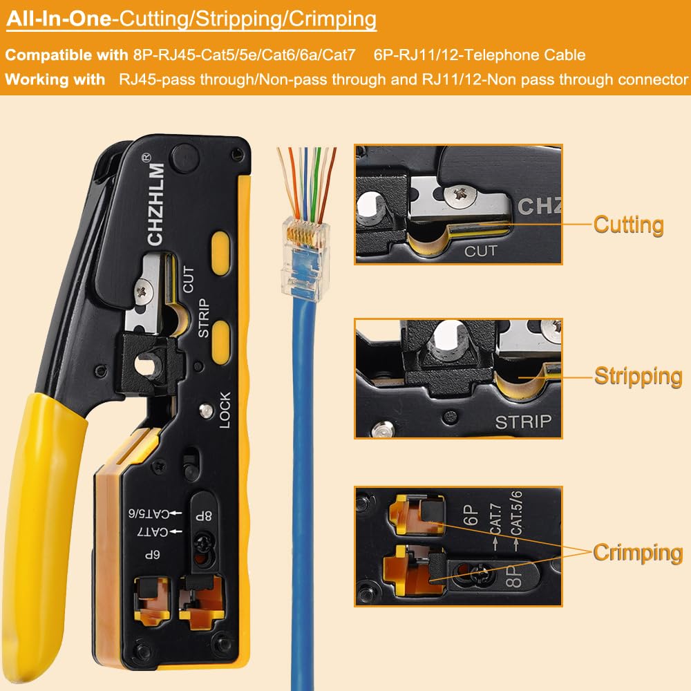 Close-up of pass-through cutting and crimping action on RJ45 connectors
