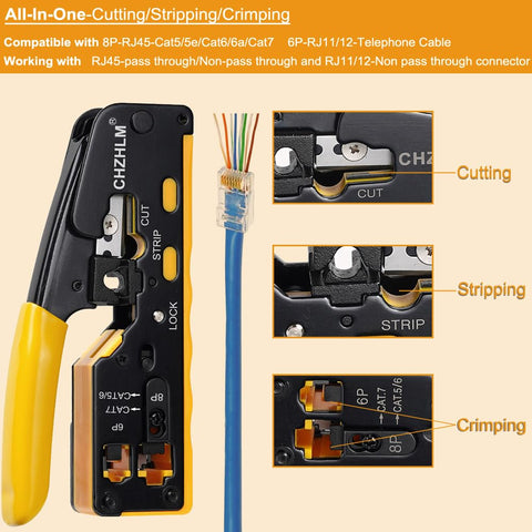 Close-up of pass-through cutting and crimping action on RJ45 connectors