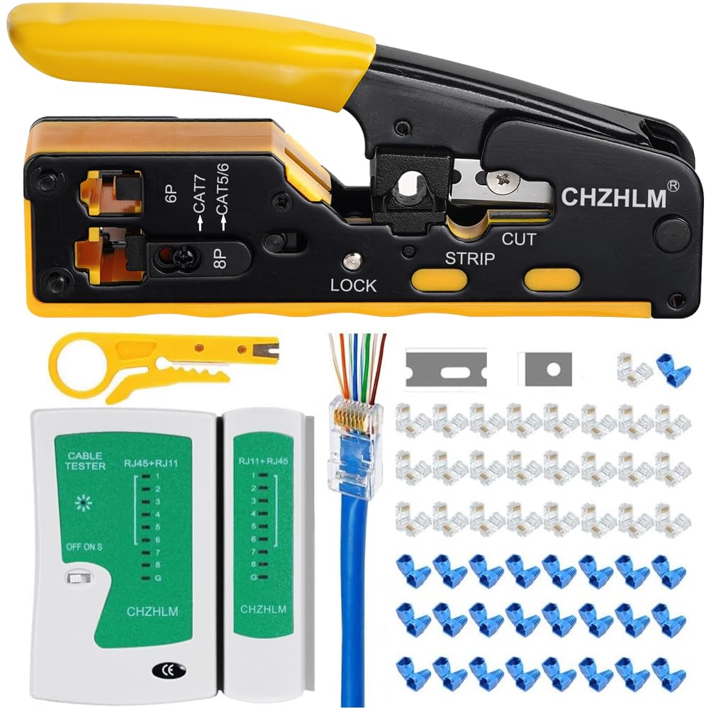 CHZHLM RJ45 pass-through crimp tool in hand for fast terminations