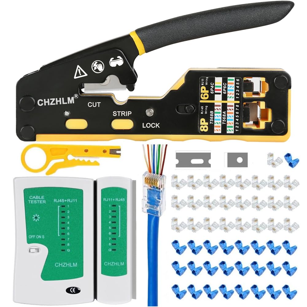 CHZHLM RJ45 pass-through crimp tool for fast terminations.