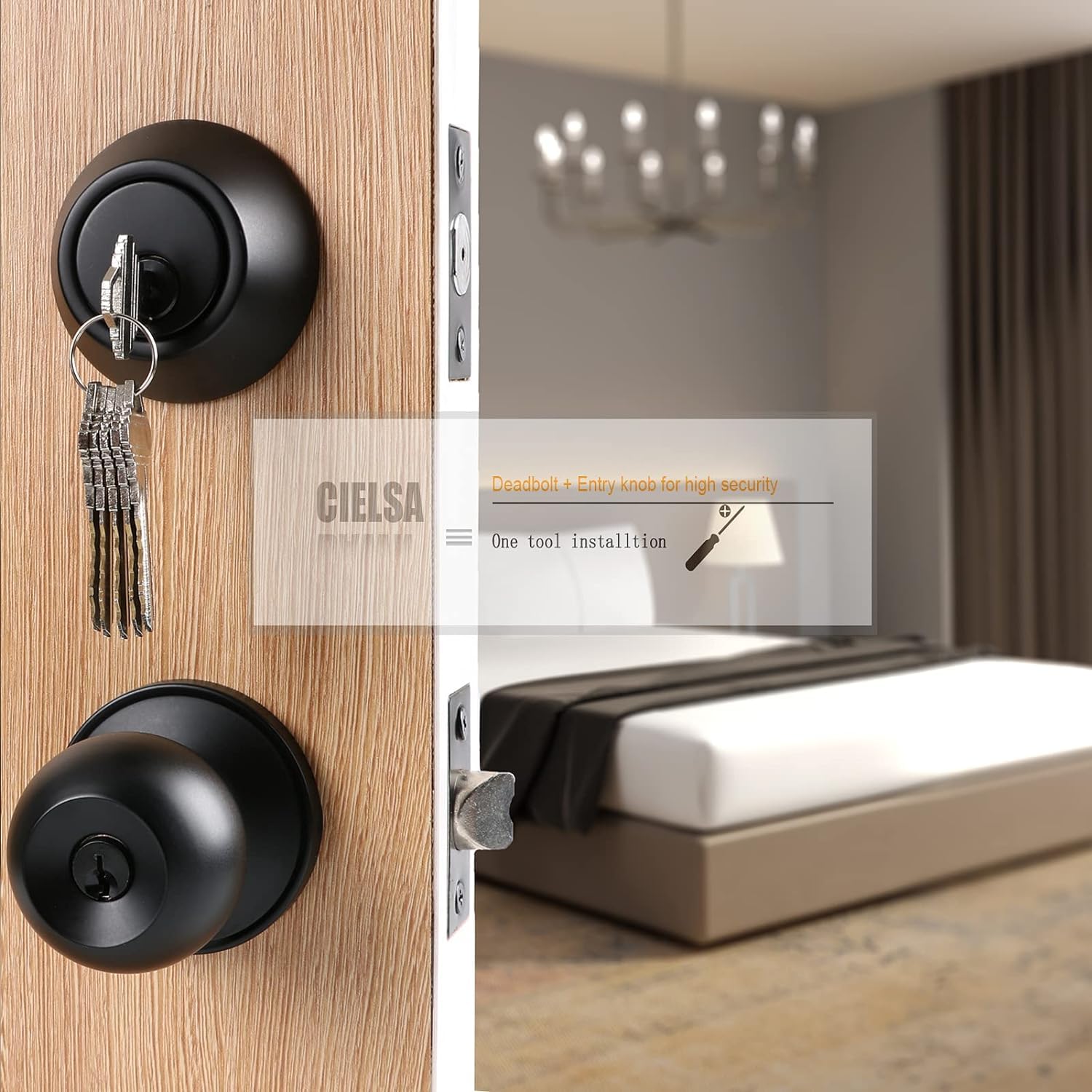 Cielsa Dawn exterior knob and deadbolt assembly with adjustable latch for versatile doors