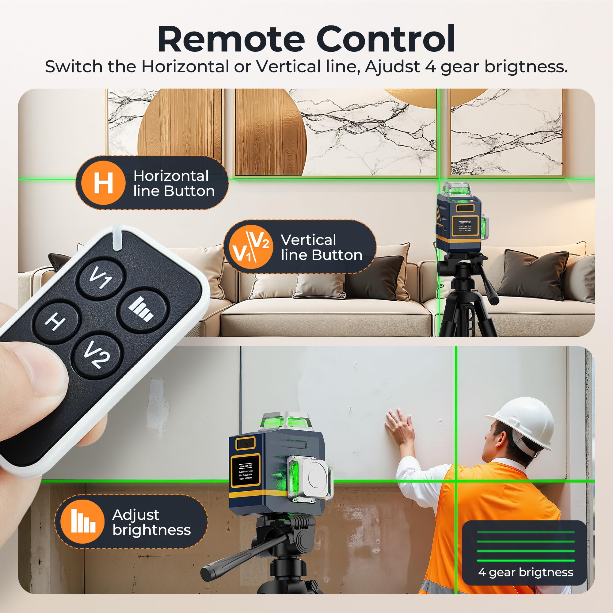 CIGMAN laser level remote control for quick brightness and visibility adjustments.