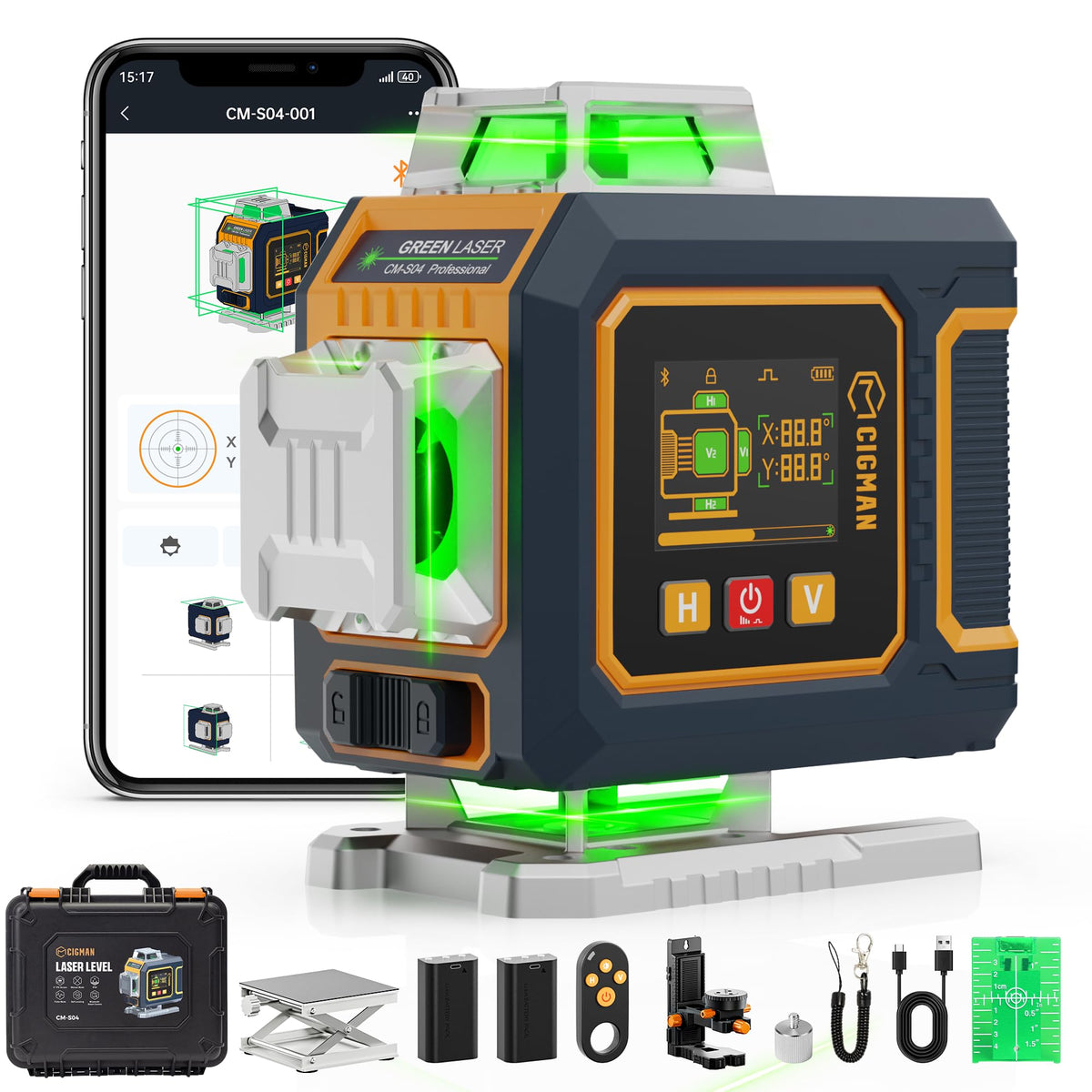 CIGMAN S04 16-lines green laser front view for quick, precise room layout