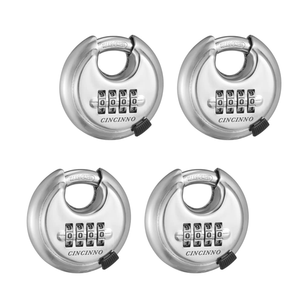 CINCINNO 4-digit disc padlock outdoors - weatherproof security for sheds and fences.