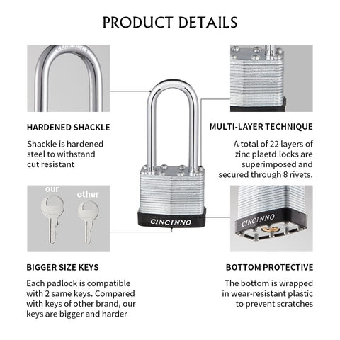 CINCINNO padlock with brass tumbler visible for reliable keyed access.