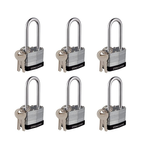 CINCINNO laminated steel padlock body close-up showing strong construction for security.