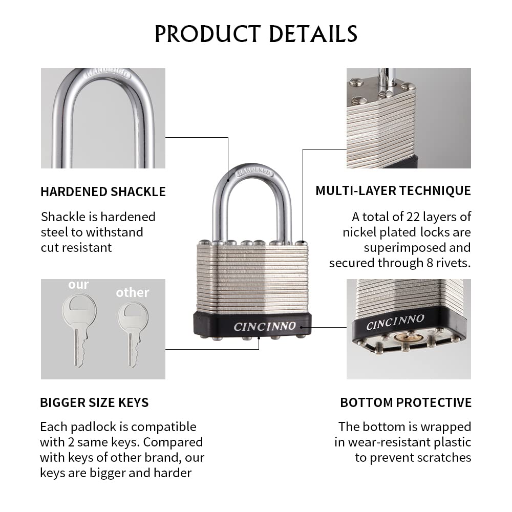 CINCINNO nickel-plated 40mm padlock closeup highlighting durable finish.