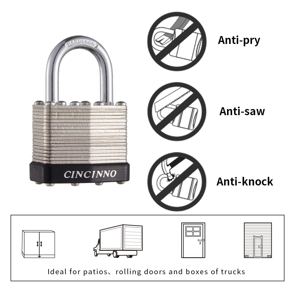 CINCINNO 40mm padlock shackle closeup showing hardened steel construction.