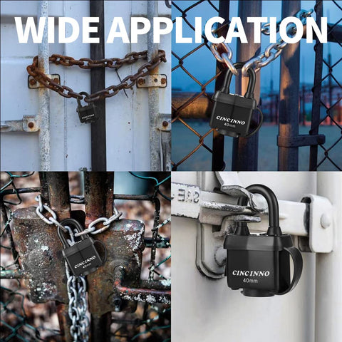CINCINNO padlocks securing an outdoor shed, gate, or toolbox.