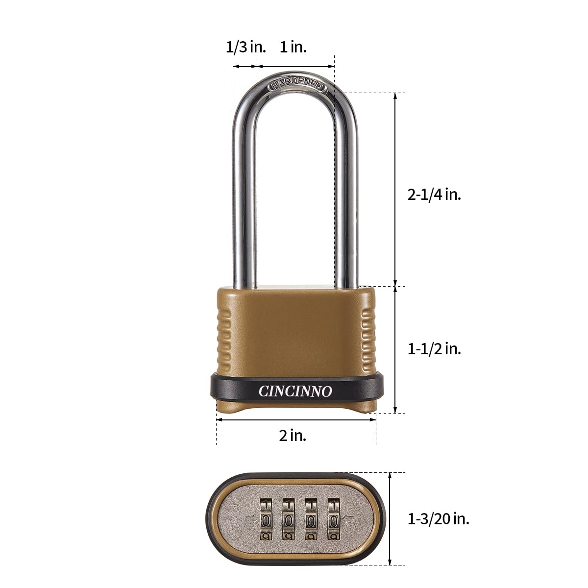 CINCINNO weatherproof padlock with durable body resists rain and corrosion.