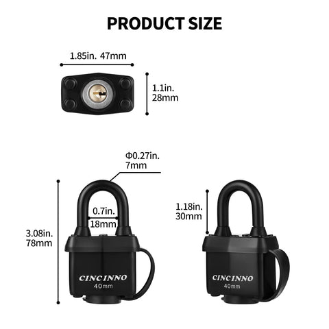 CINCINNO weatherproof padlocks 6-pack, side view, rugged outdoor security.