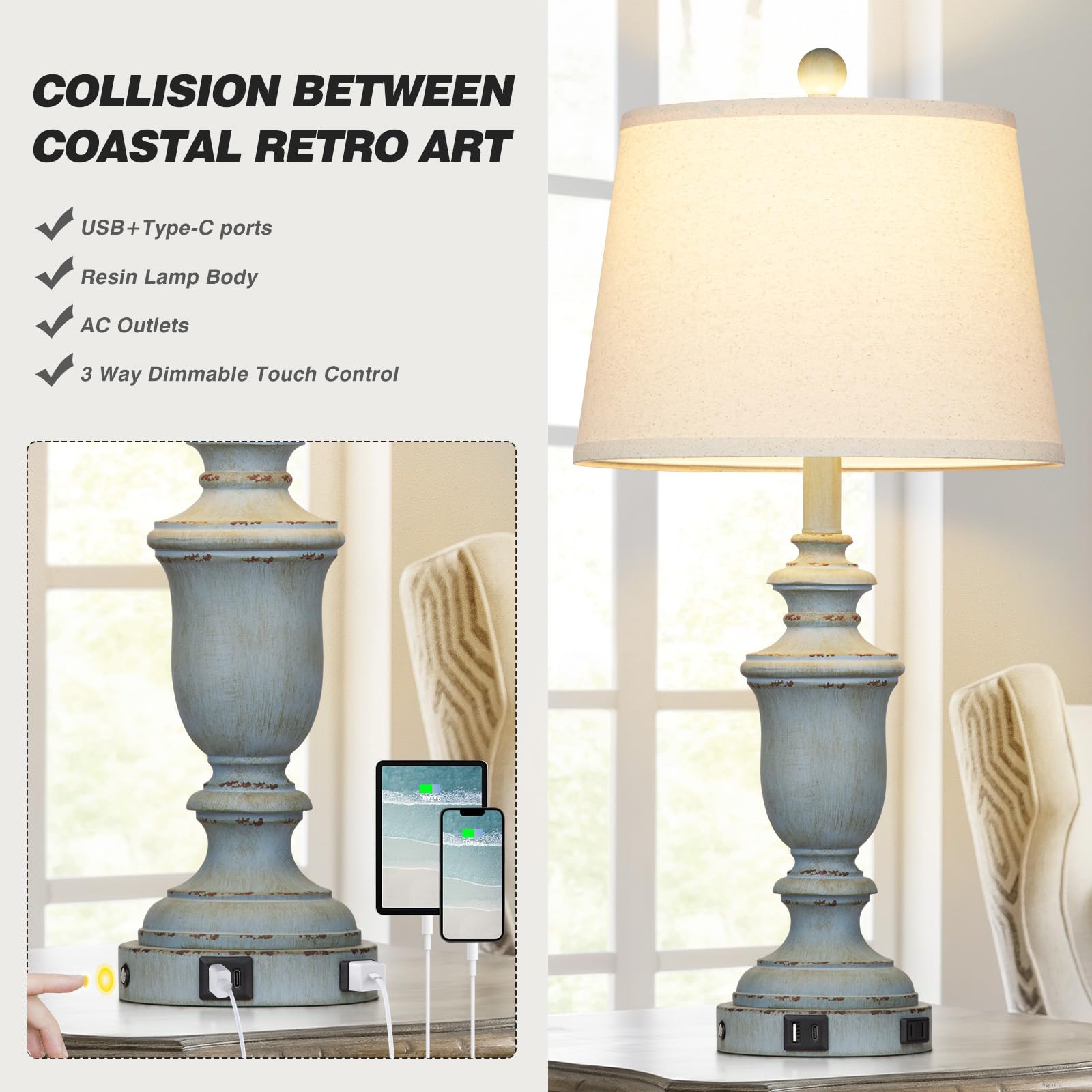 Cinkeda lamp featuring USB-A and USB-C ports plus an outlet for convenient charging