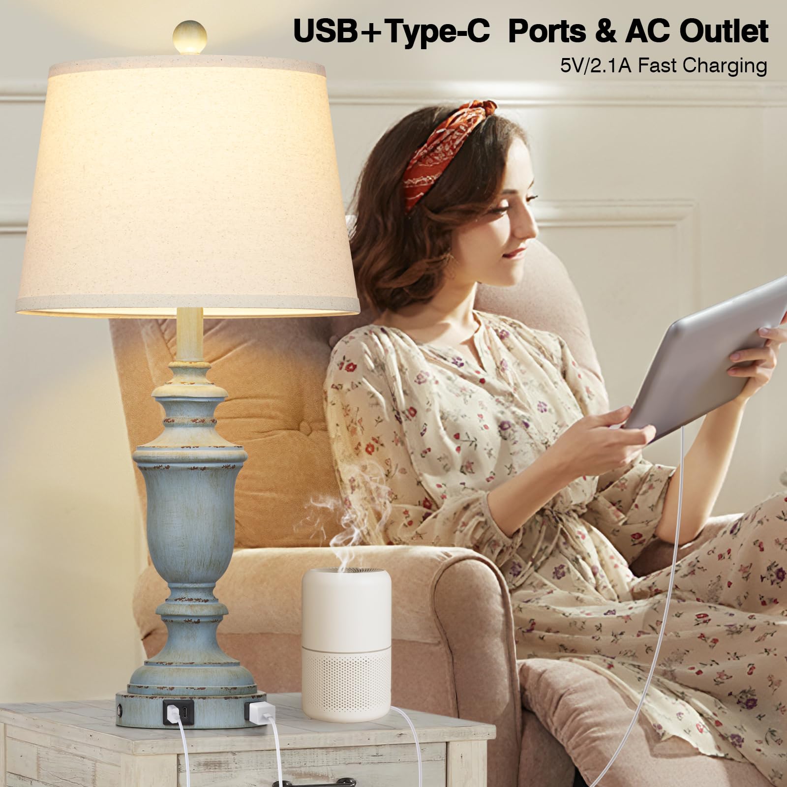 Cinkeda blue table lamp with oatmeal shade delivering soft illumination