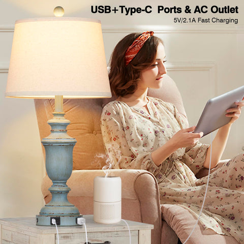 Cinkeda blue table lamp with oatmeal shade delivering soft illumination