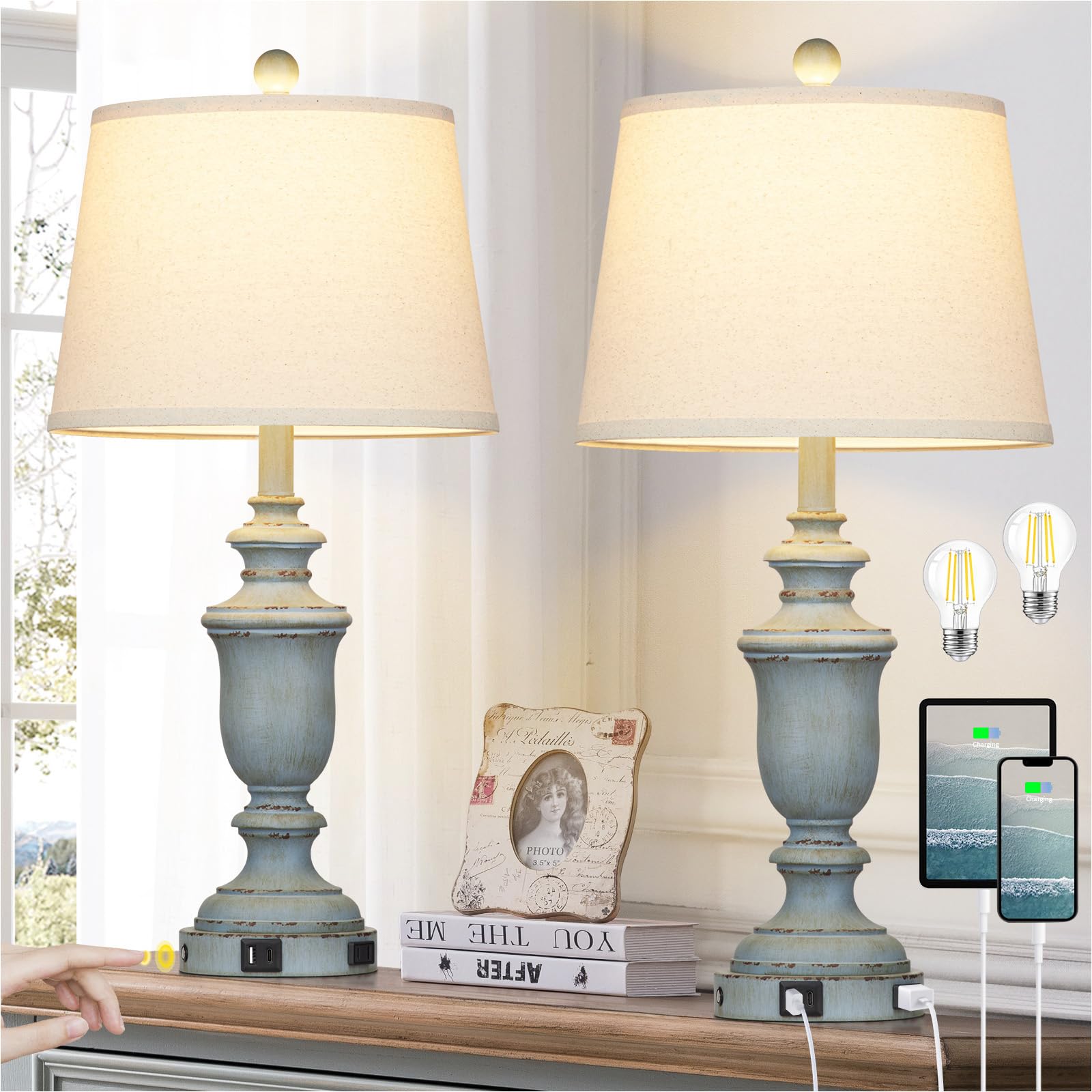 Cinkeda 25.6-inch blue table lamps with trophy base for coastal living room ambiance