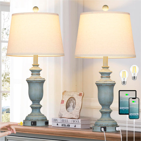 Cinkeda 25.6-inch blue table lamps with trophy base for coastal living room ambiance