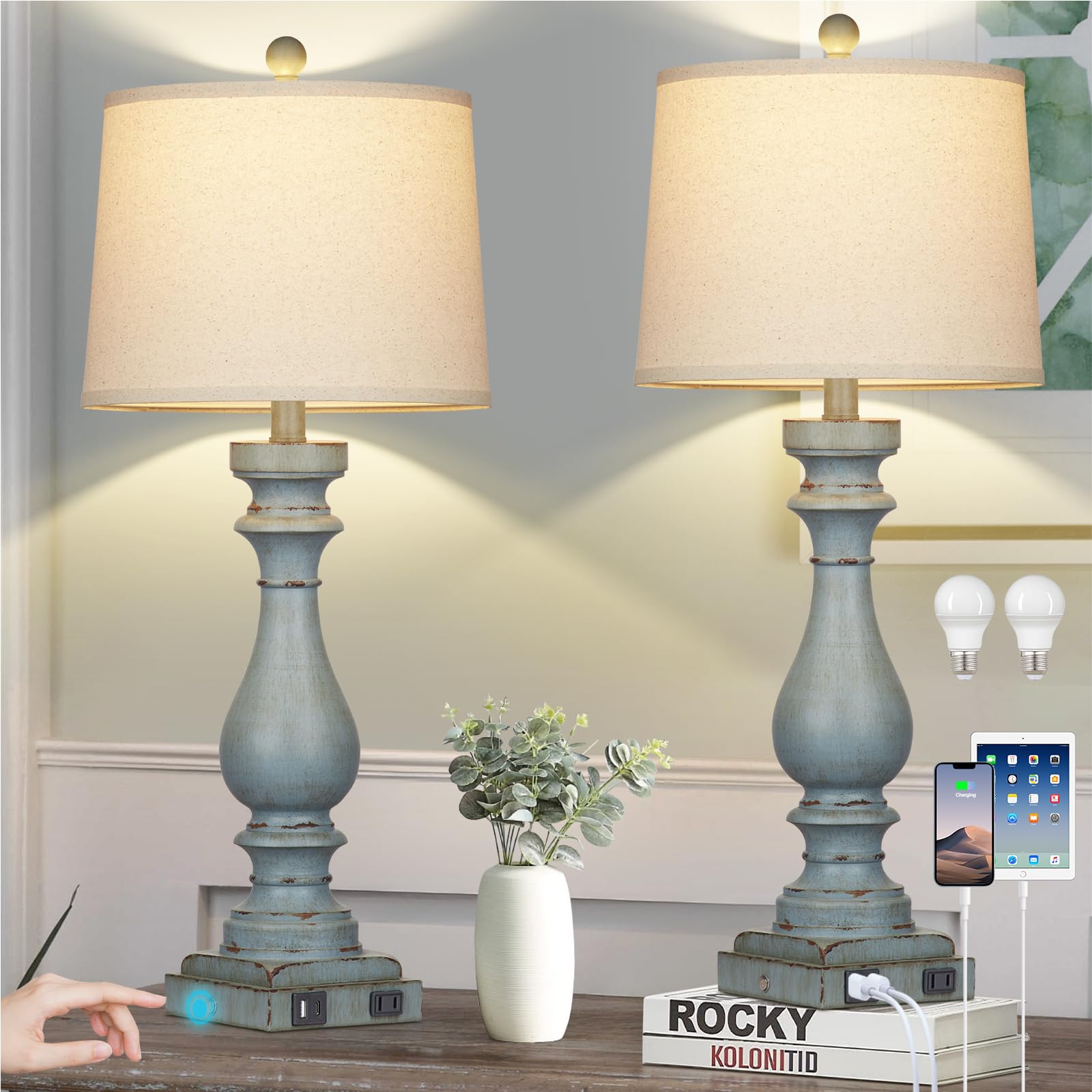 Cinkeda 29'' tall table lamps in coastal blue for ambient living room lighting