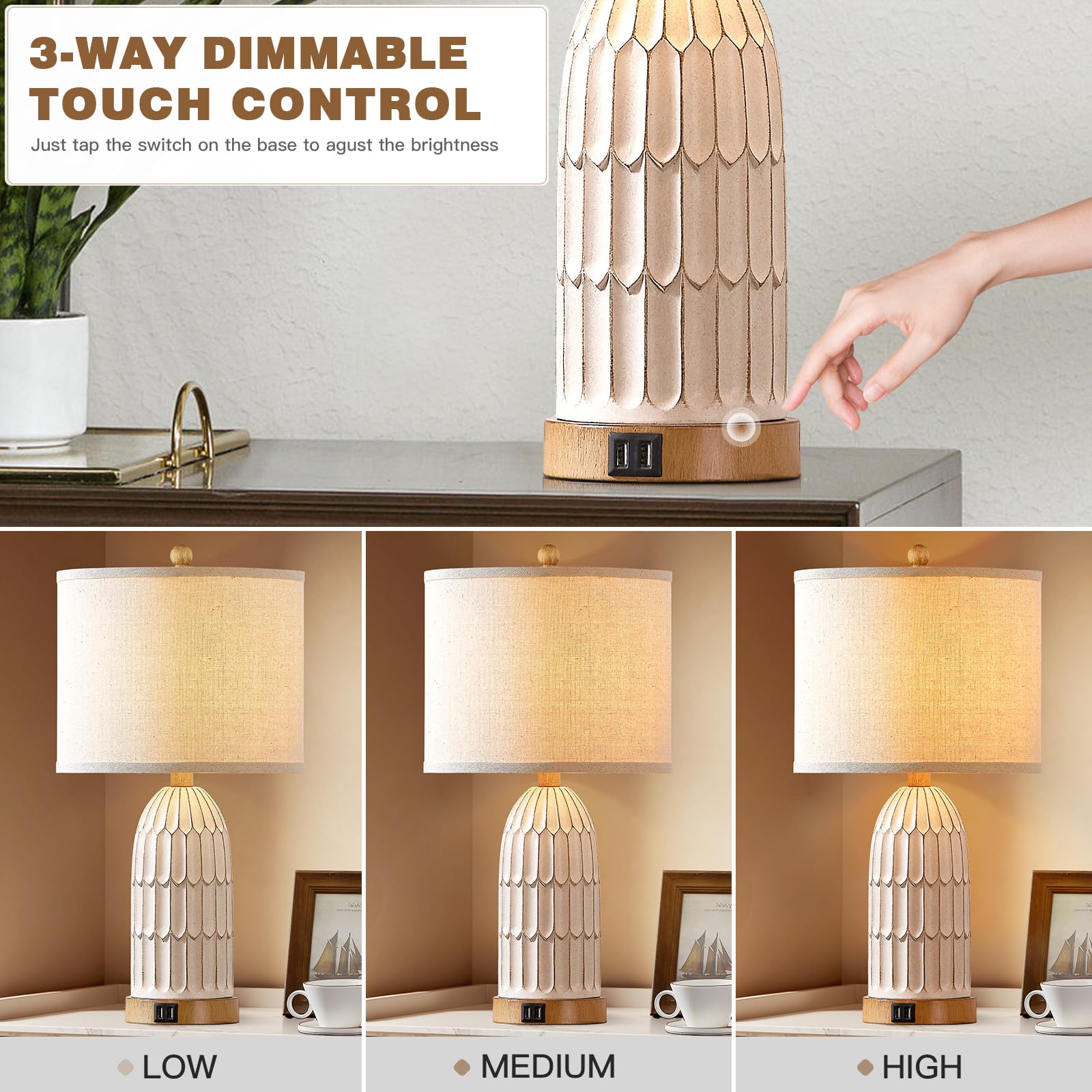 Cinkeda Boho table lamp touch-dimming enables quick brightness changes beside the bed.