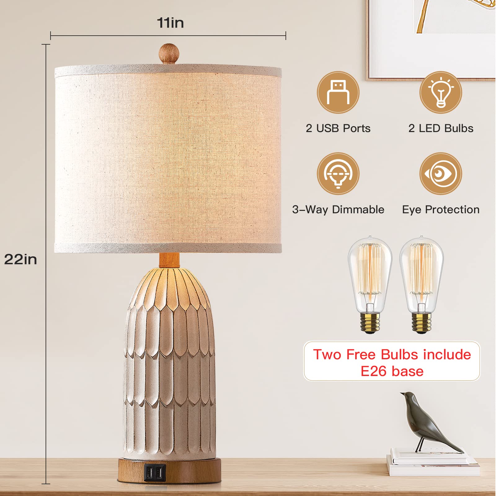 Cinkeda lamp USB charging ports power two devices while you relax.